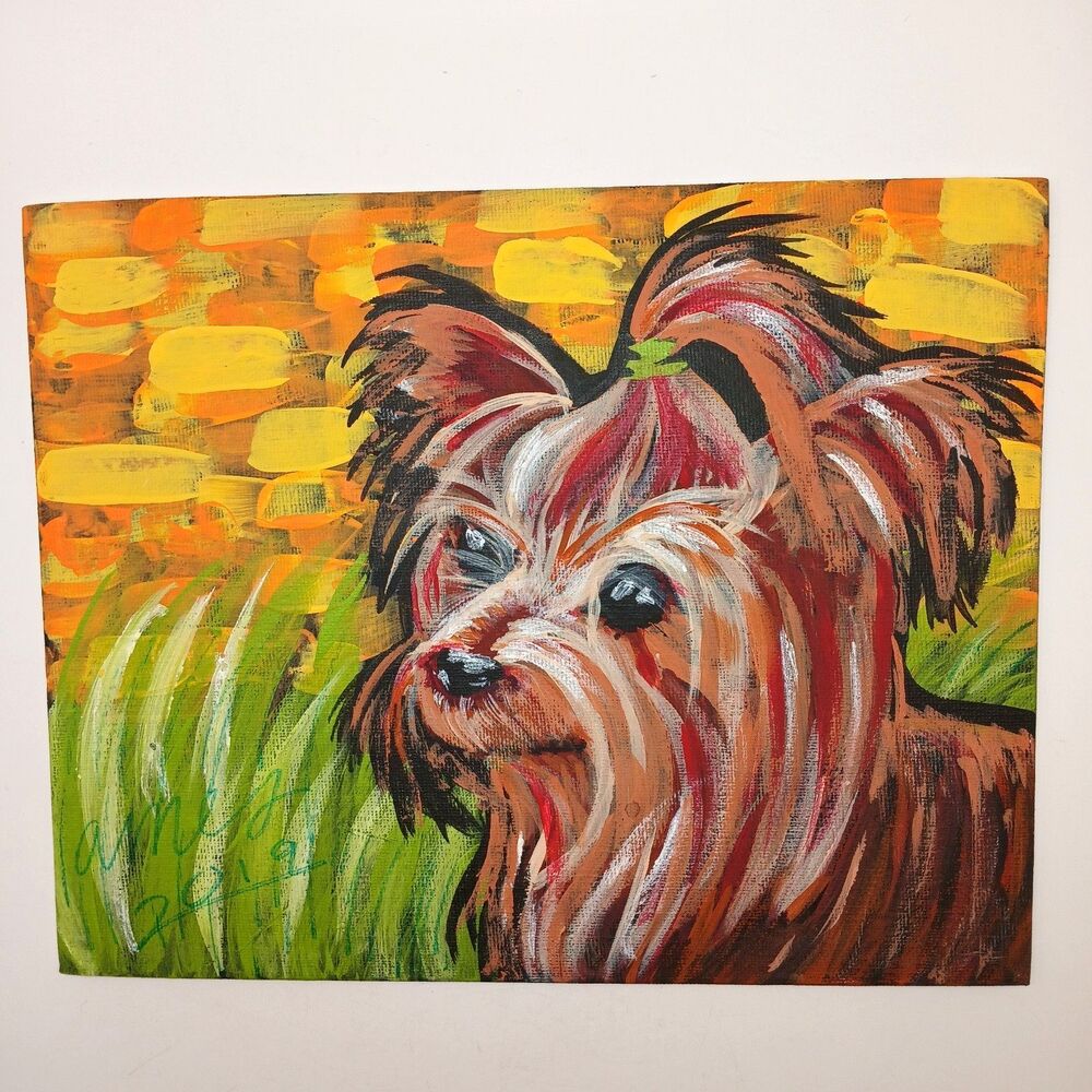 Original Painting of A Yorkie Yorkshire Terrier Signed Impressionist Art 8x10 in